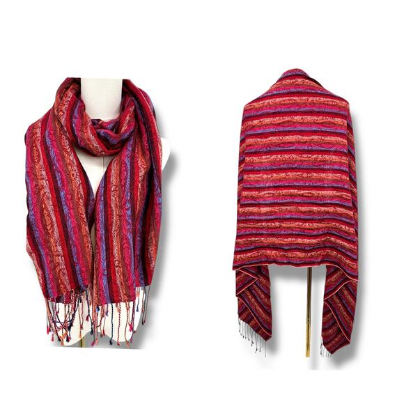 Pashmina silk blend tassel fringe wrap scarf shawl paisley wine red burnt orange - Picture 1 of 7